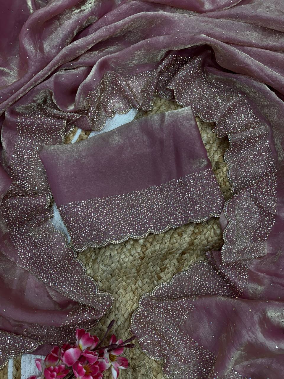 Women's Luxurious Shimmering Grey Organza Saree with Intricately Embroidered Black Blouse - Perfect for Festive & Evening Wear - Image 3